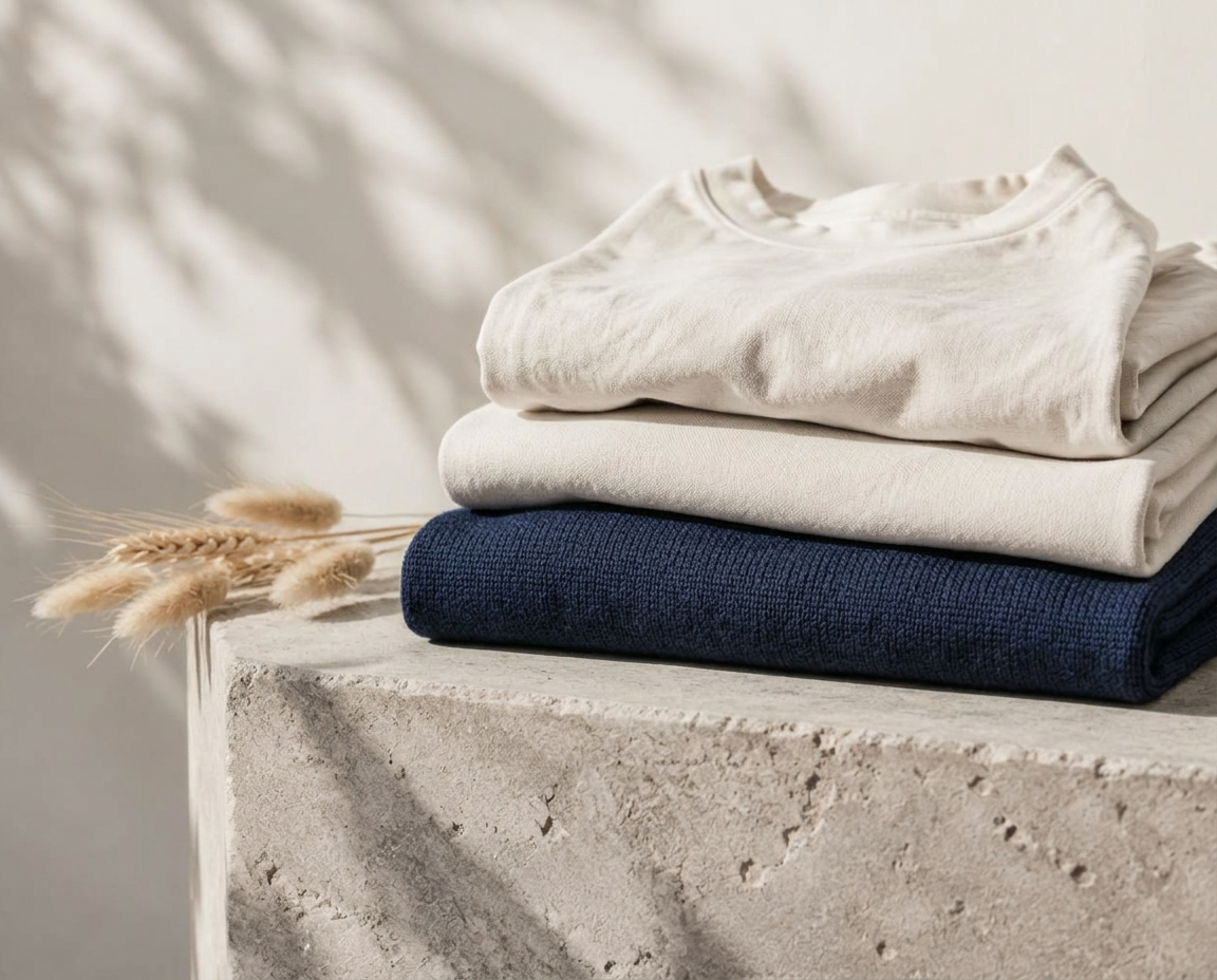 Existing cotton garments thoughtfully folded alongside an olive branch