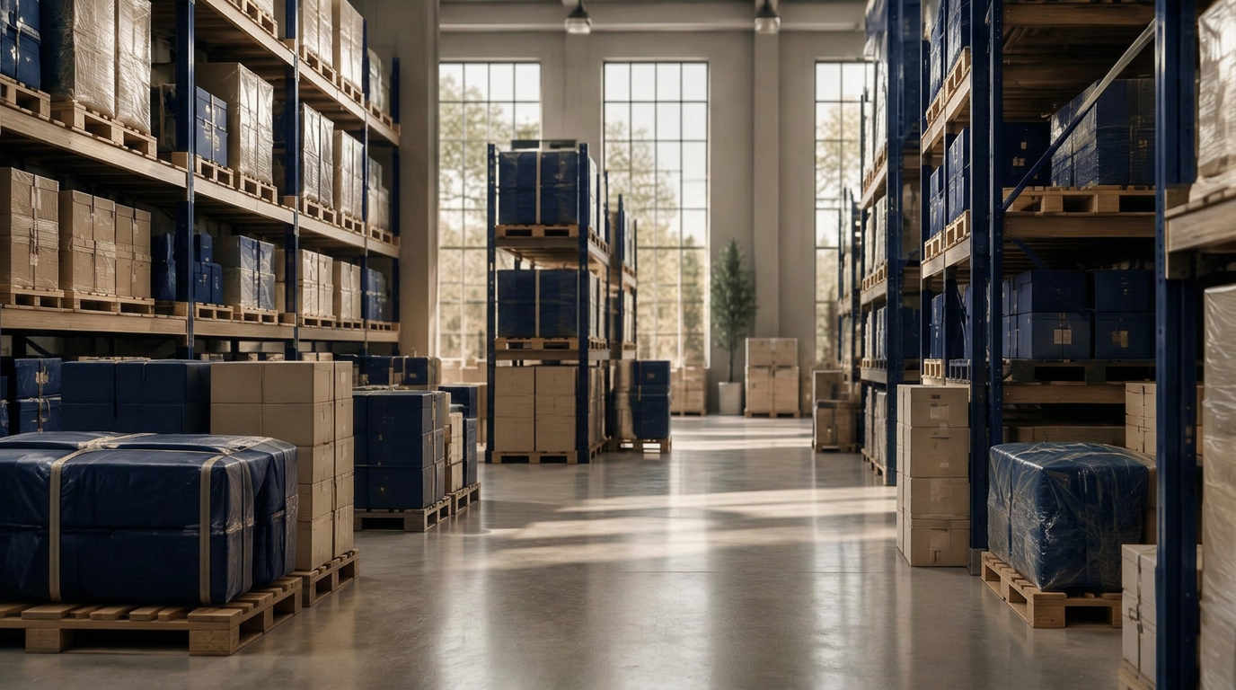Neatly stocked warehouse shelves with pallets of boxed goods in soft daylight